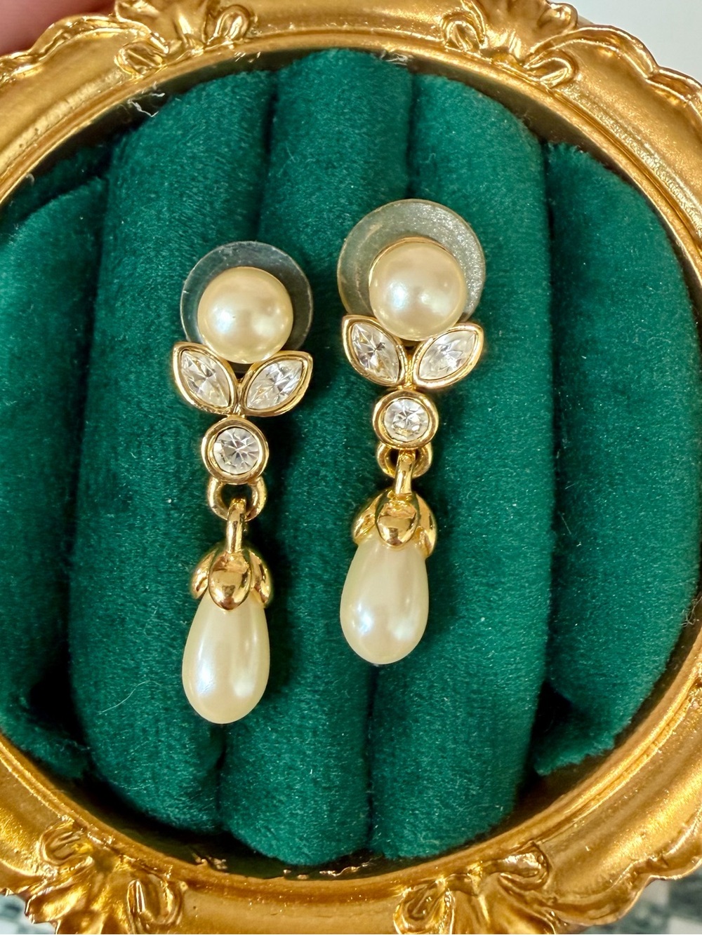 Avon Gold-Tone Pearl and Crystal Teardrop Earrings